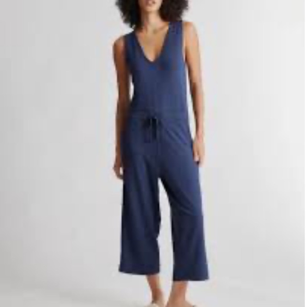Quince French Terry Modal Jumpsuit Navy Blue Wide Leg Cropped Sleeveless Medium